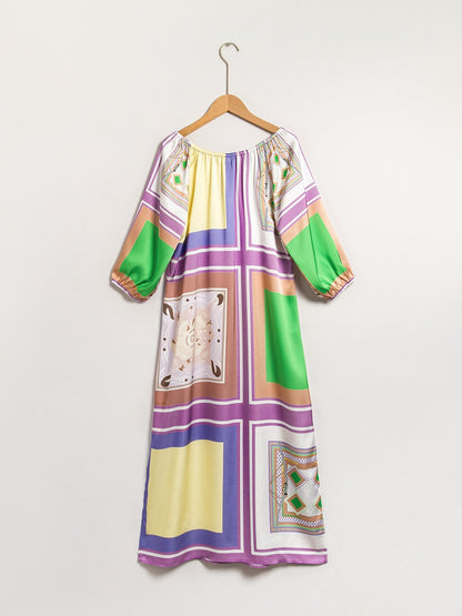 Satin Scarf Geometrical Print Midi Dress