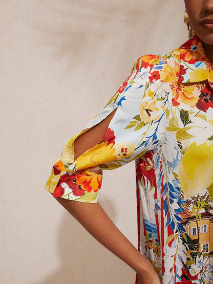 Vacation Scenic Floral Print Straight Satin Shirt Dress
