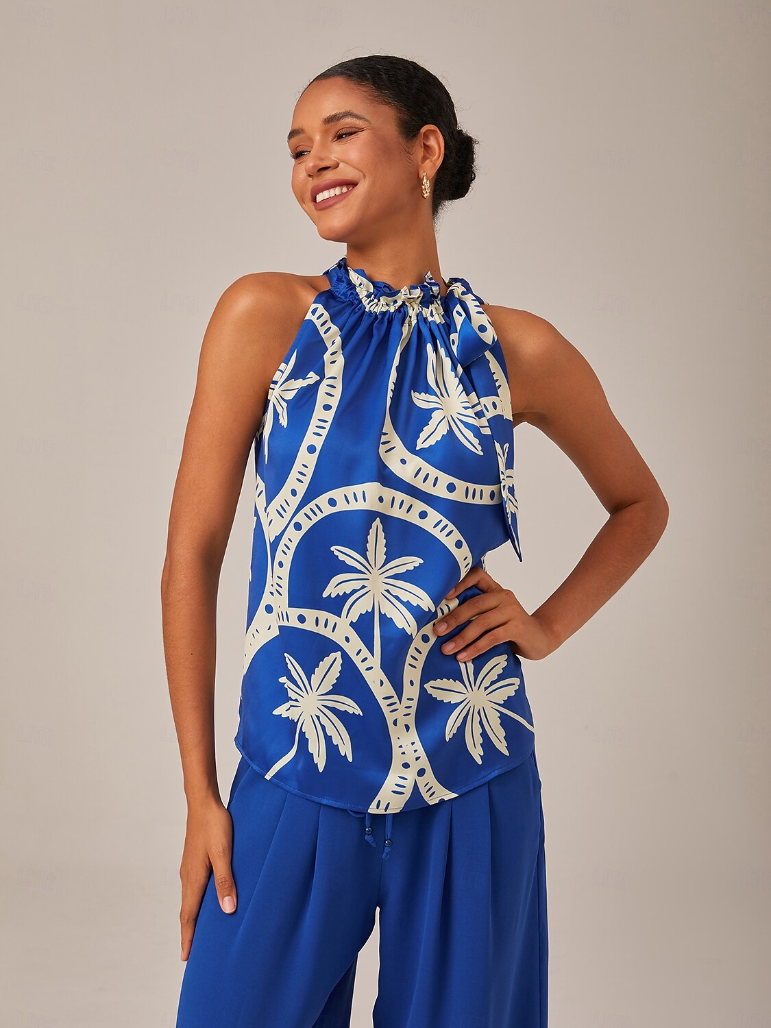 Satin Geometric Print Sleeveless Top With Ruffle Tie Neck