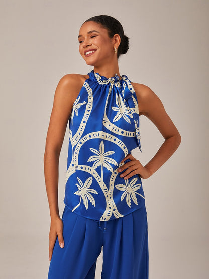 Satin Geometric Print Sleeveless Top With Ruffle Tie Neck