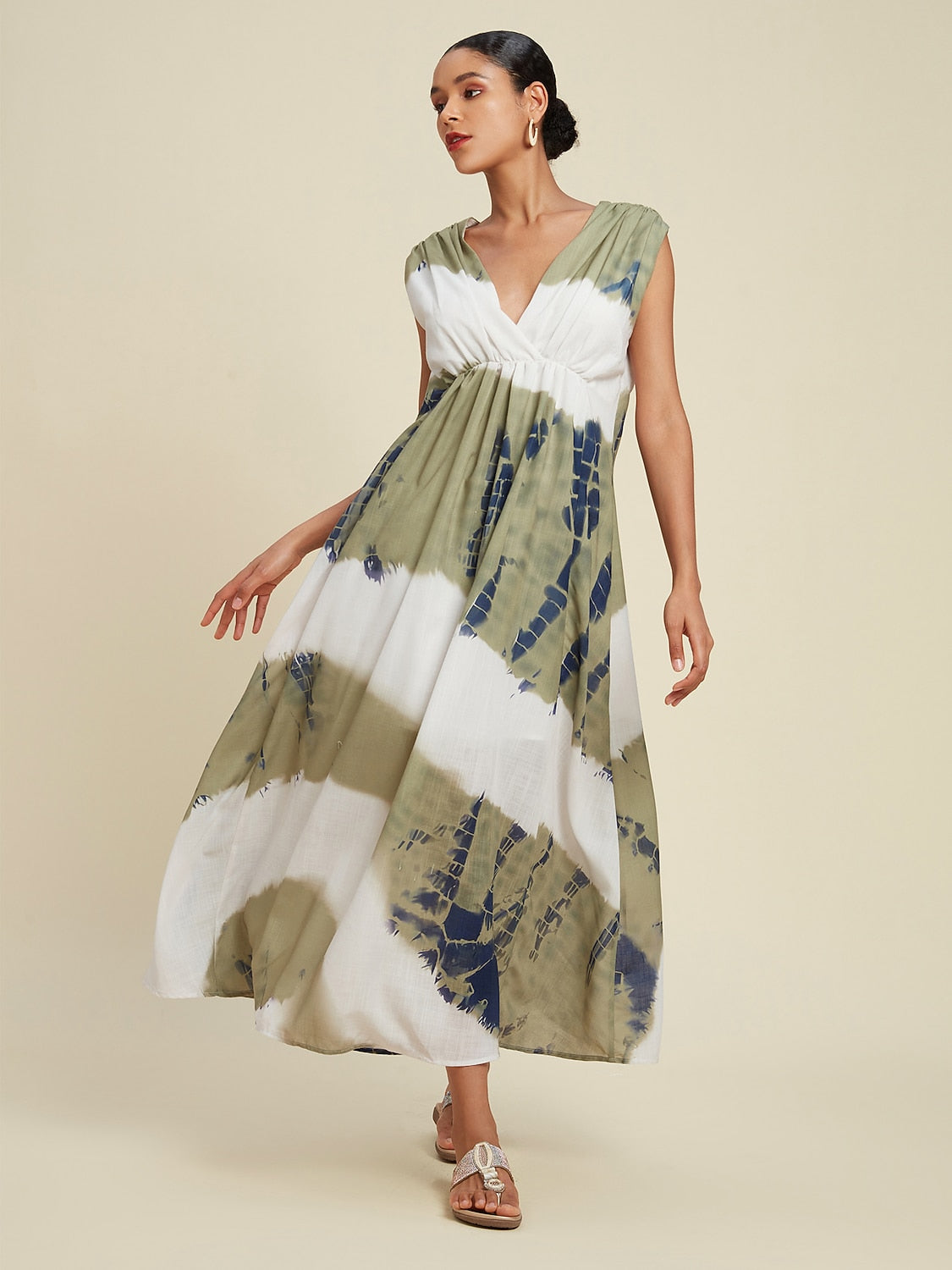 Linen-Like Tie-dye Print Vacation Style Sleeveless Maxi Dress