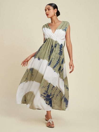 Linen-Like Tie-dye Print Vacation Style Sleeveless Maxi Dress