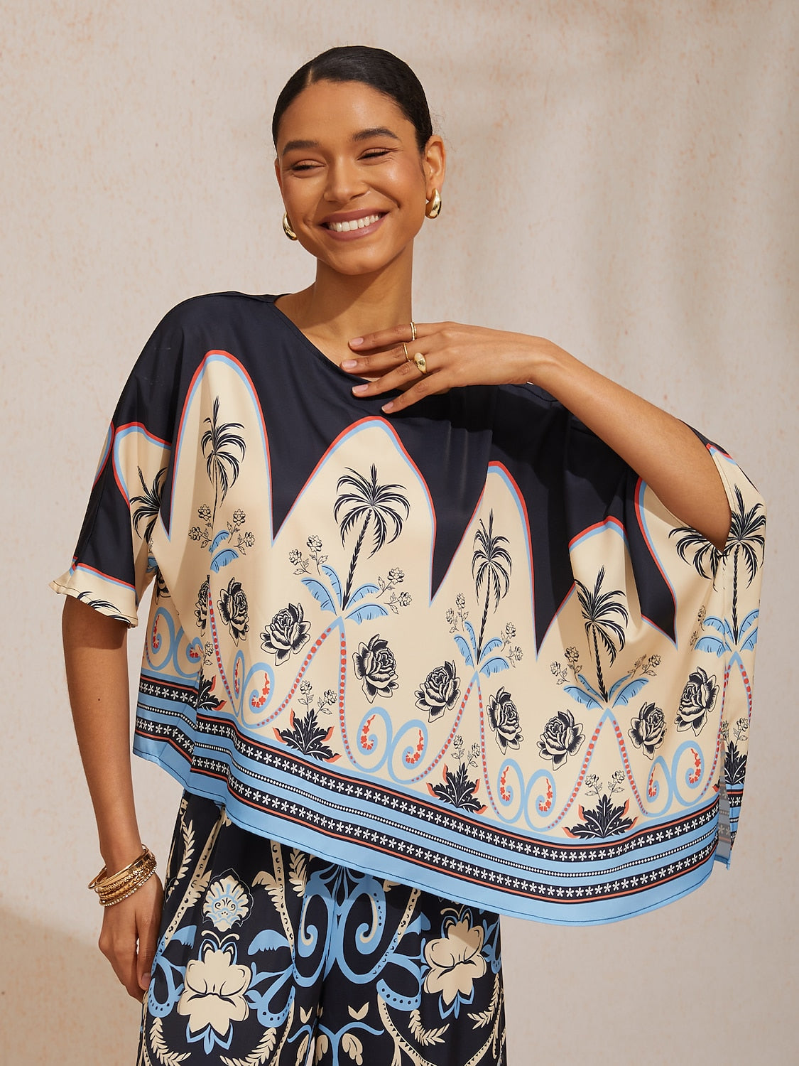 Summer Night Palm Silky Satin Dolman Sleeve Top