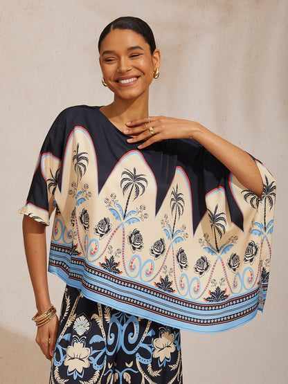Summer Night Palm Silky Satin Dolman Sleeve Top