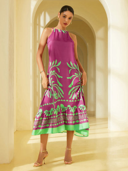 Satin Vacation-Style Geometric Pattern Sleeveless Midi Dress