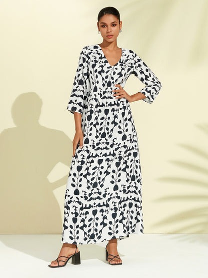 Satin Floral Geometric Pattern Vacation Maxi Dress