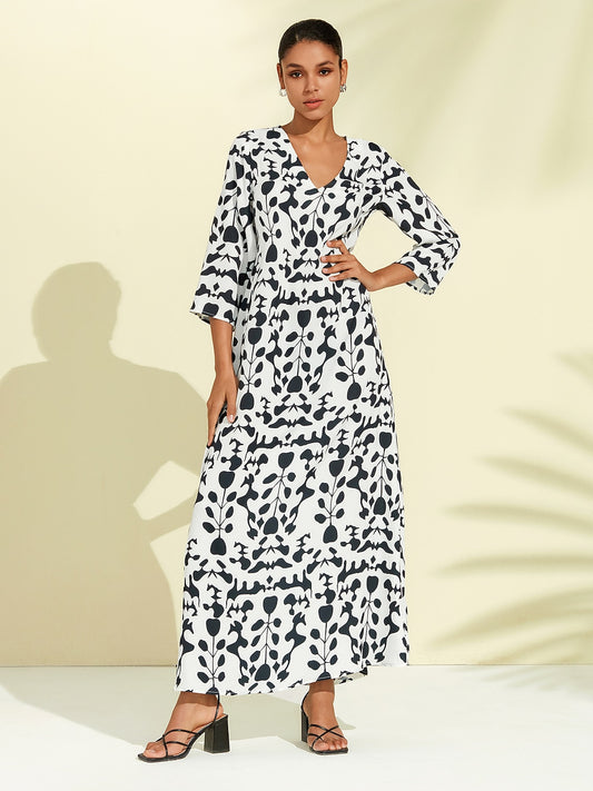 Satin Floral Geometric Pattern Vacation Maxi Dress