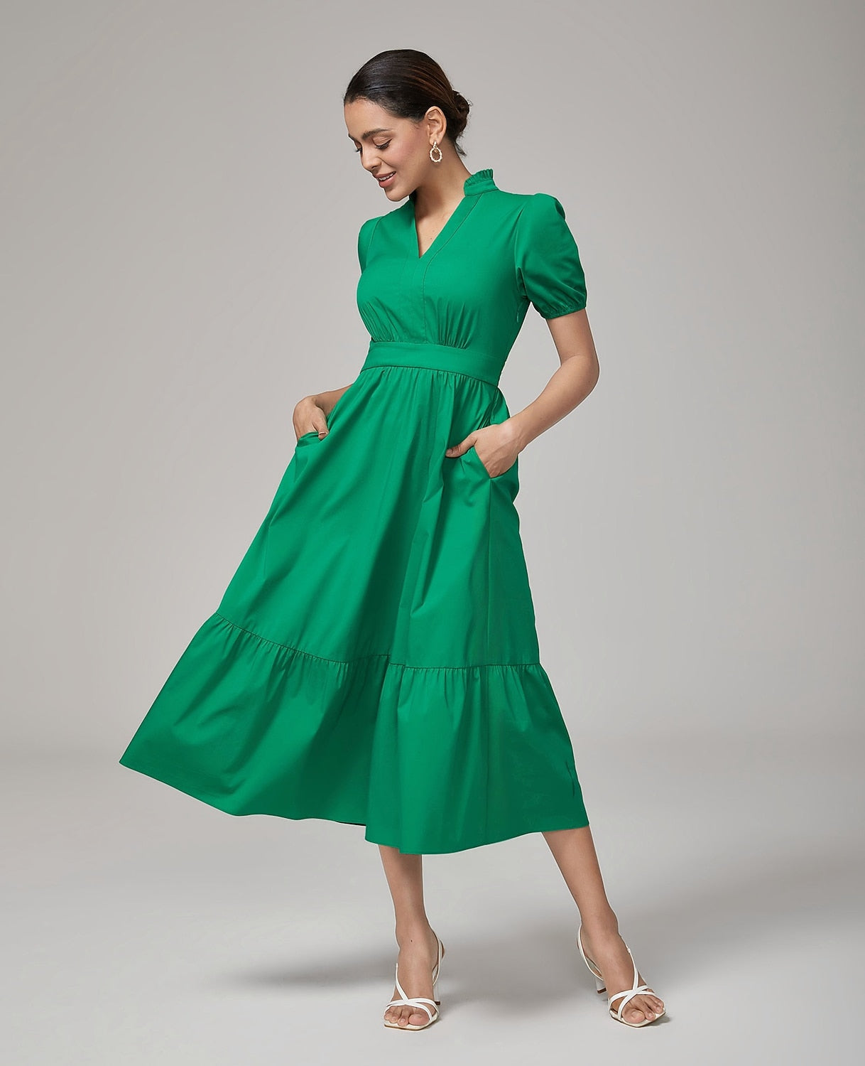 Deep Moss Green Cotton Puff  Dress