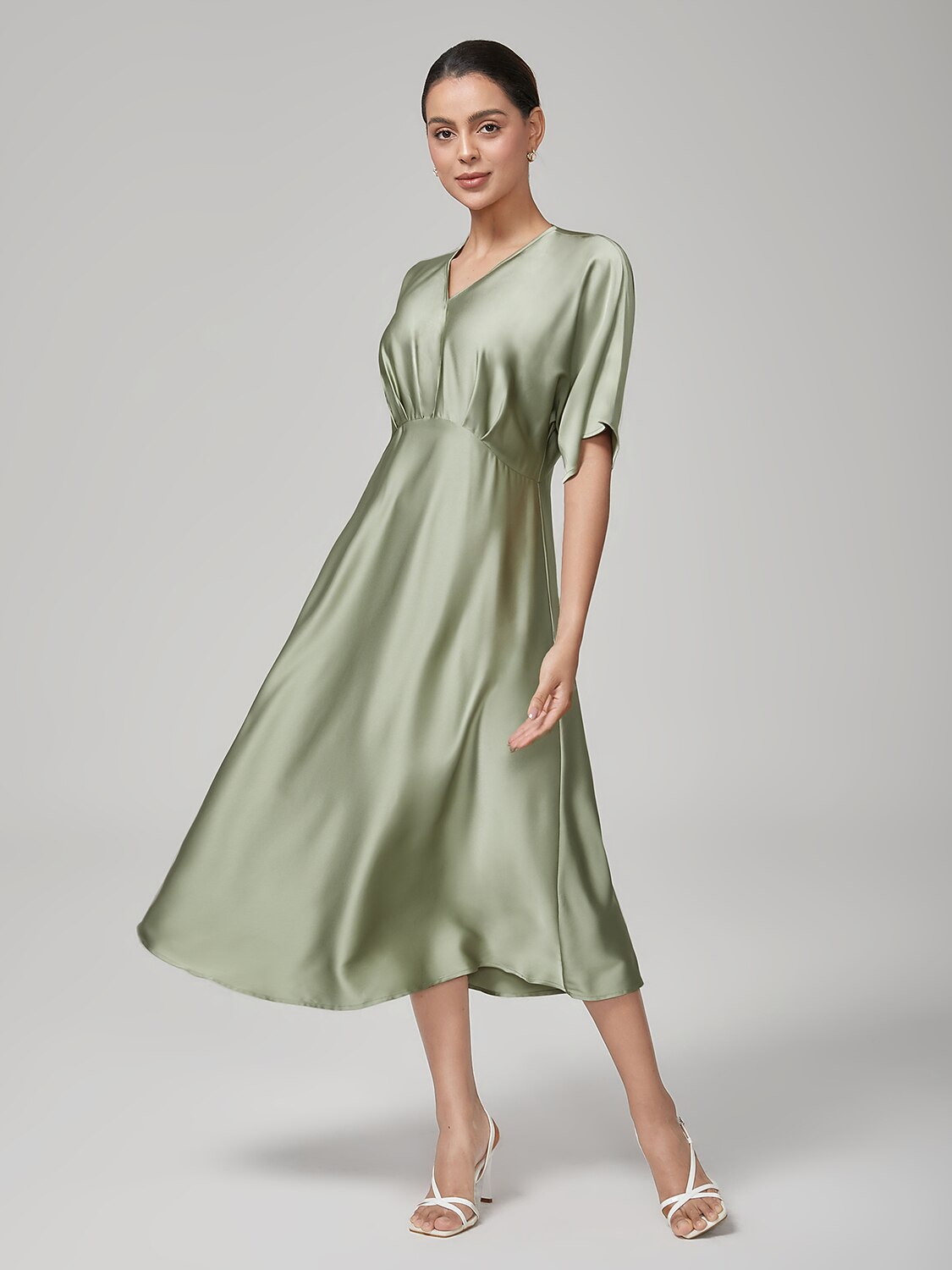 Elegant Pleat V-Neck Dolman Sleeves Satin Dress
