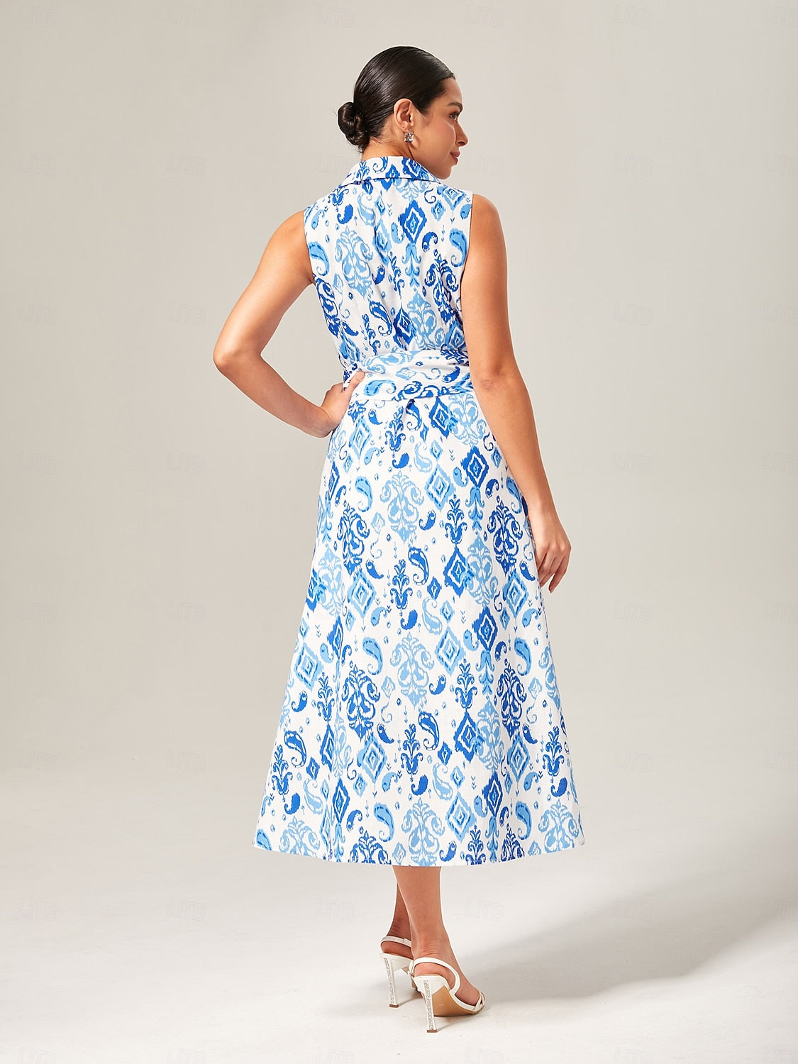 Monochrome Print Linen Look Midi Shirt Dress