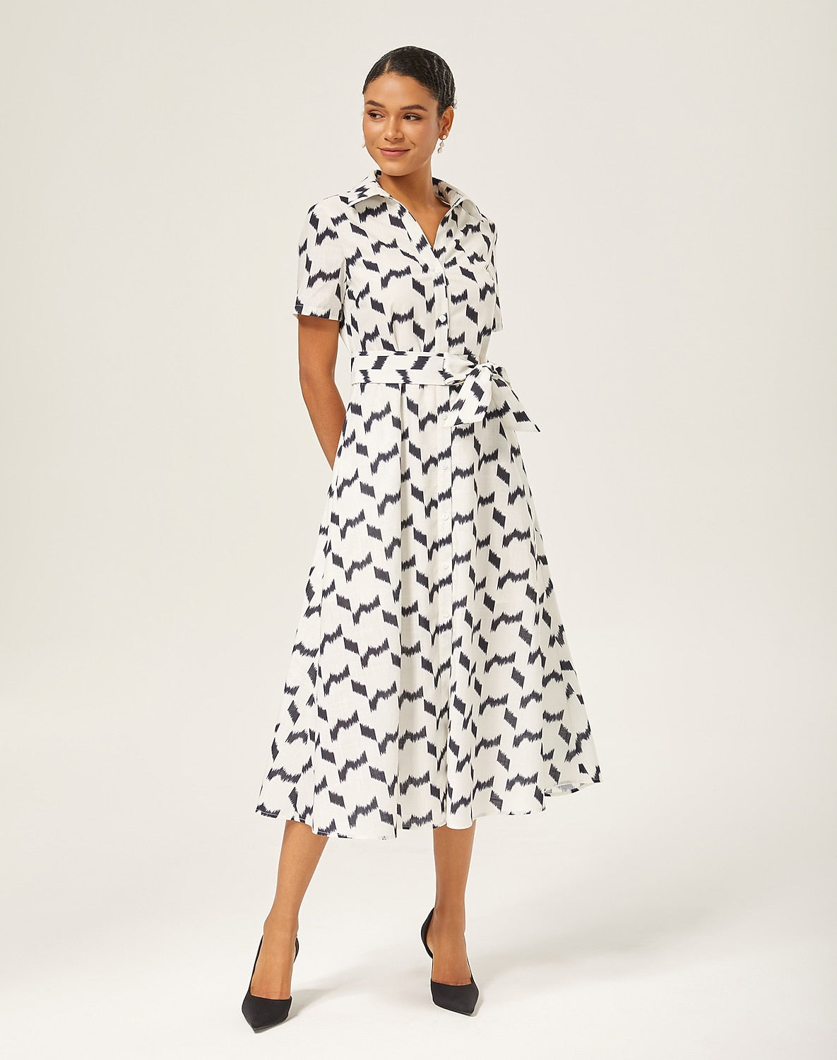 Monochrome Geometric Faux-Linen Dress