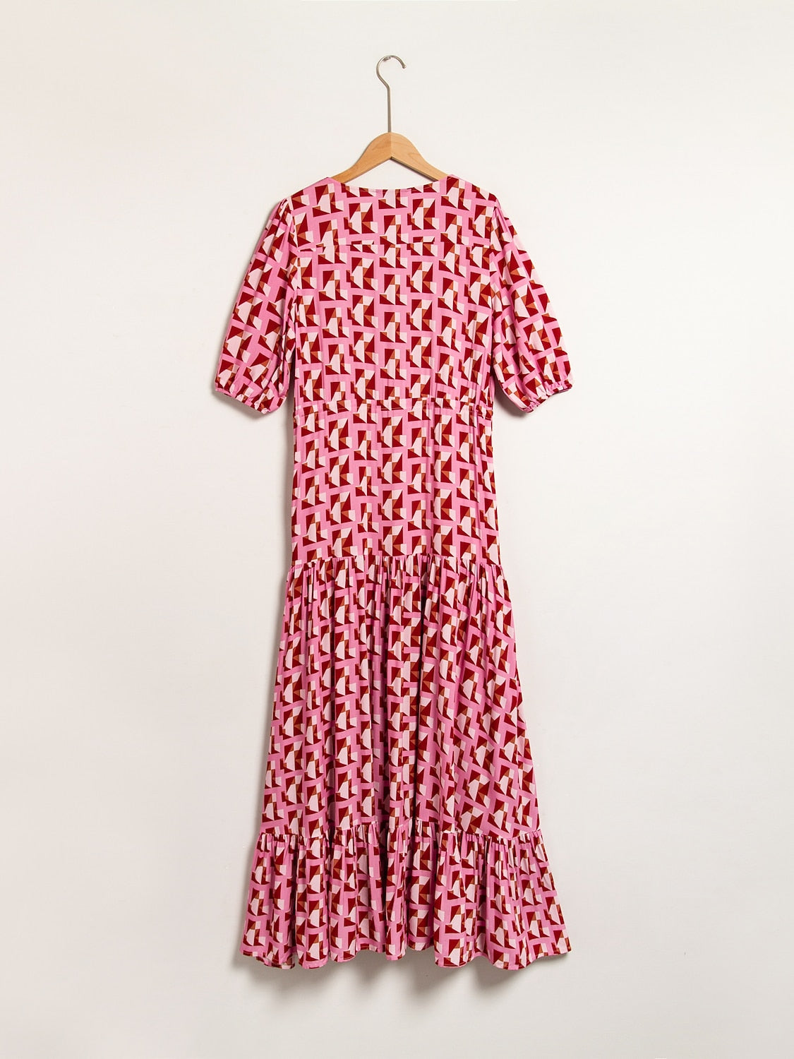 Resort Maxi Dress Pink Short Geometic Drawstring