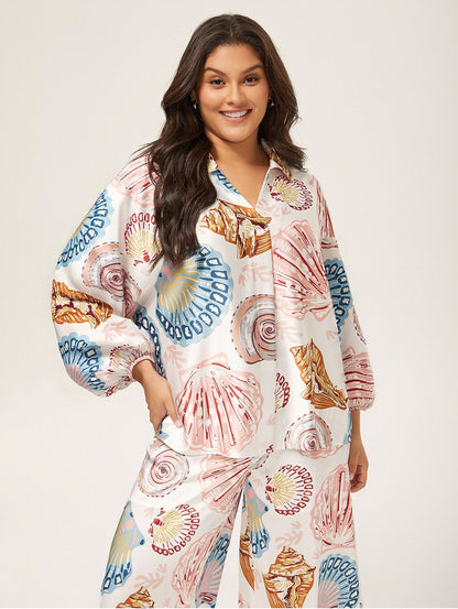 Shell Print Relaxed Fit Overhead V-Neck Blouse