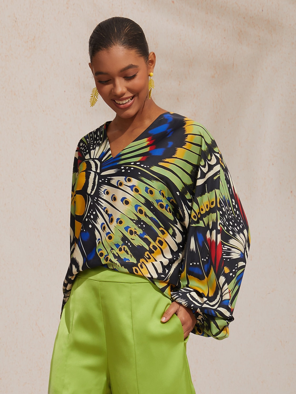 Vacation Butterfly Print Dolman Sleeve Satin Top