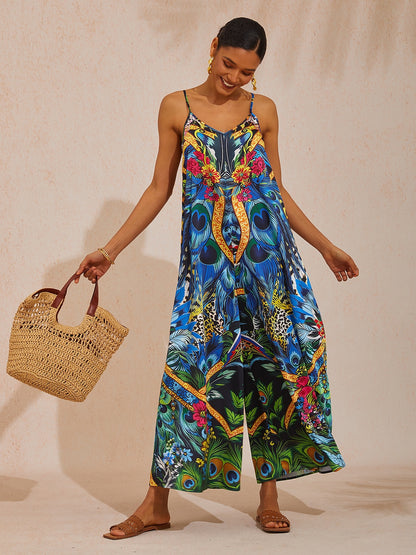 Vacation Jungle Feather Print Satin Cami Jumpsuit