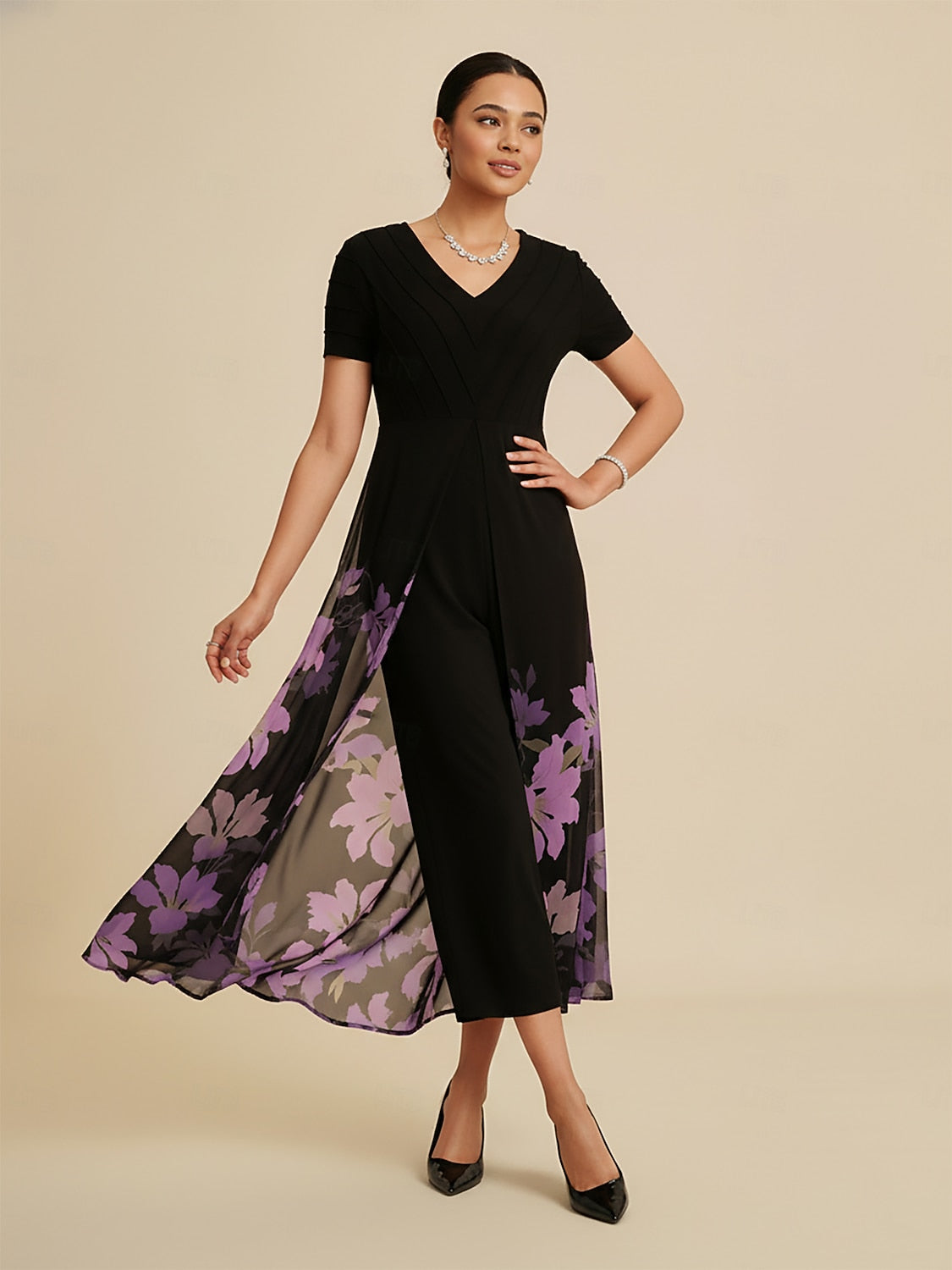 Paneled Design Faux Flowy Sheer Stretch Fabric Jumpsuit