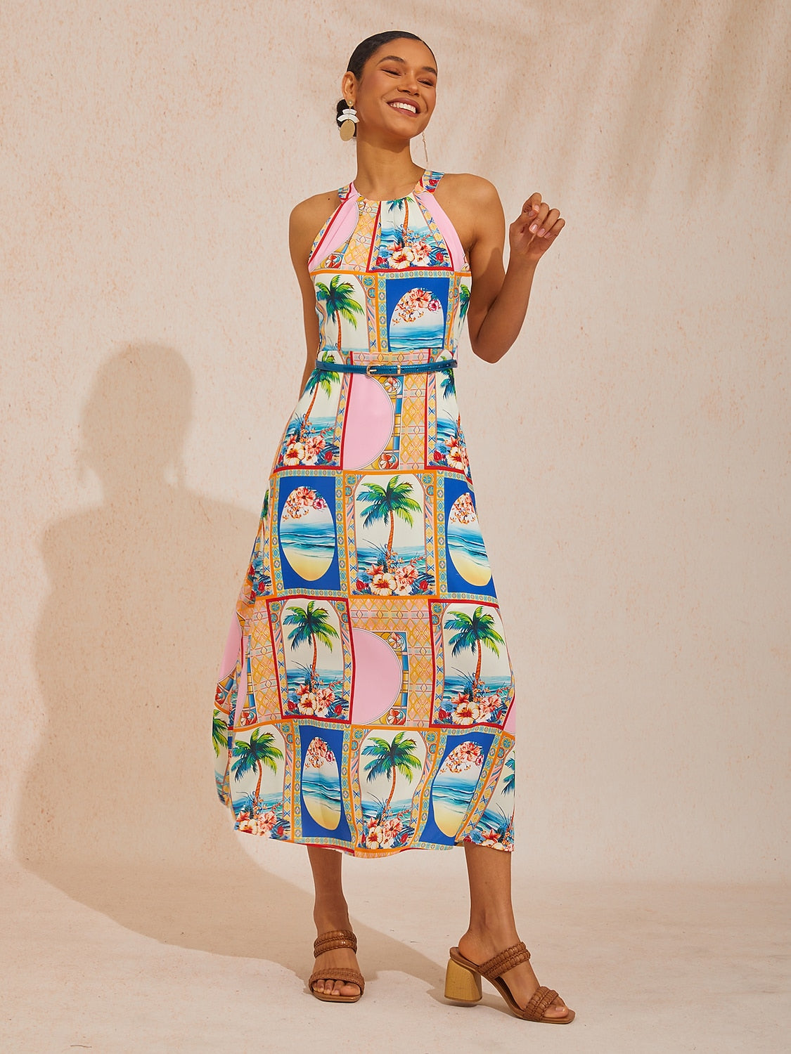 Vacation Geometric Floral Print Waist-cinching Sleeveless Satin Maxi Dress