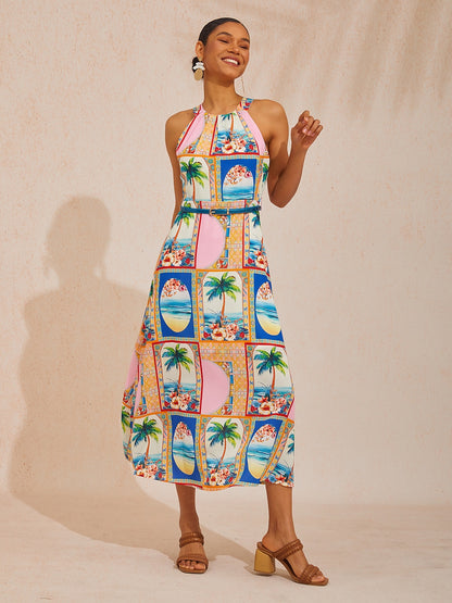 Vacation Geometric Floral Print Waist-cinching Sleeveless Satin Maxi Dress