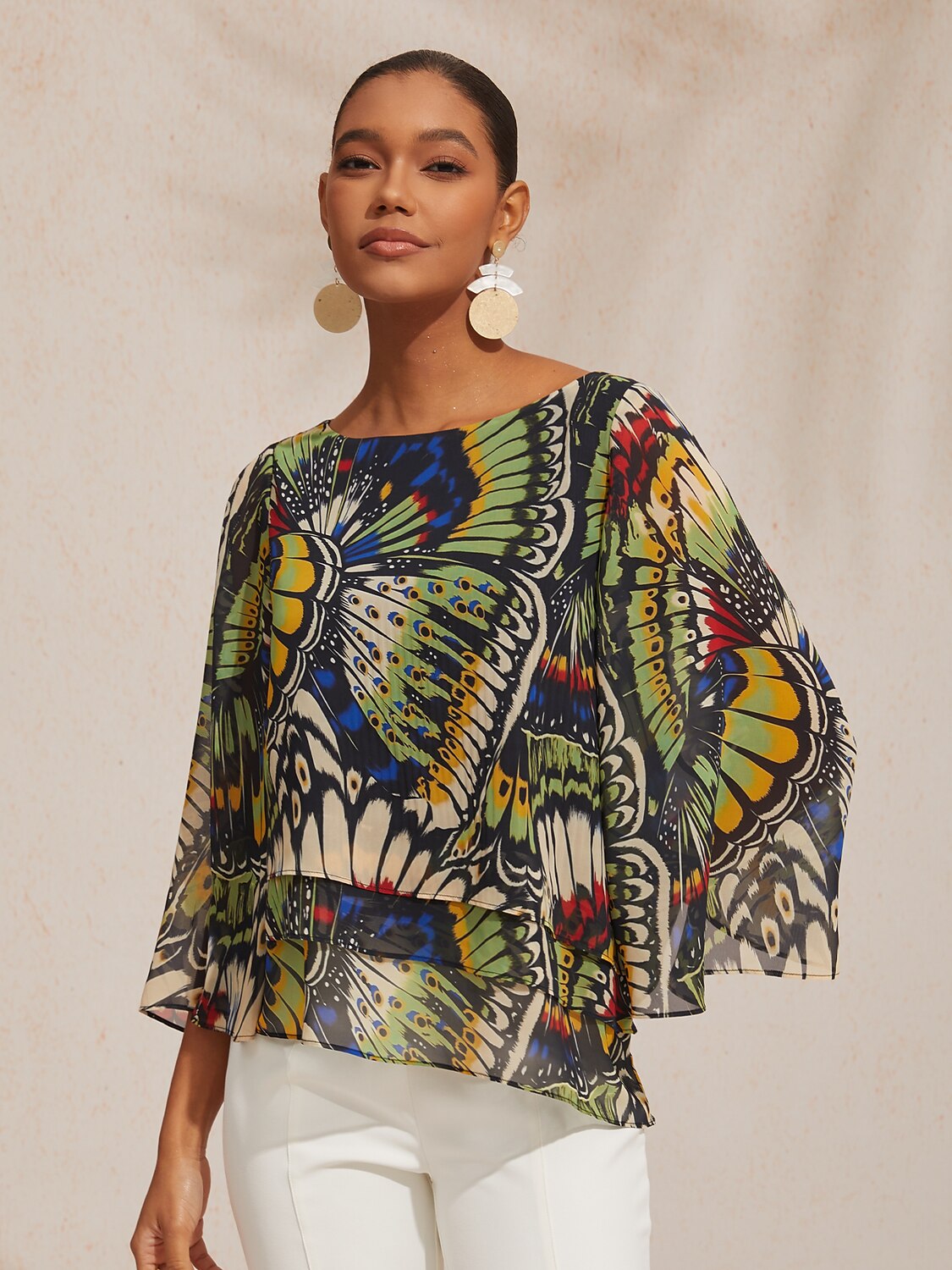 Vacation Butterfly Color Block Print Loose Chiffon Top
