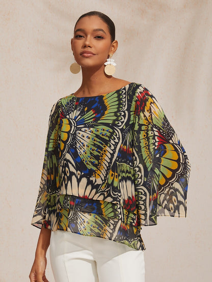 Vacation Butterfly Color Block Print Loose Chiffon Top
