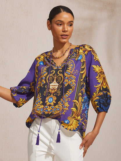 Midnight Blue Baroque Chiffon Three Quarter Sleeve Top