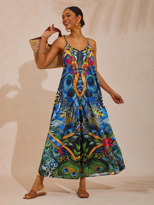 Vacation Jungle Feather Print Satin Cami Jumpsuit