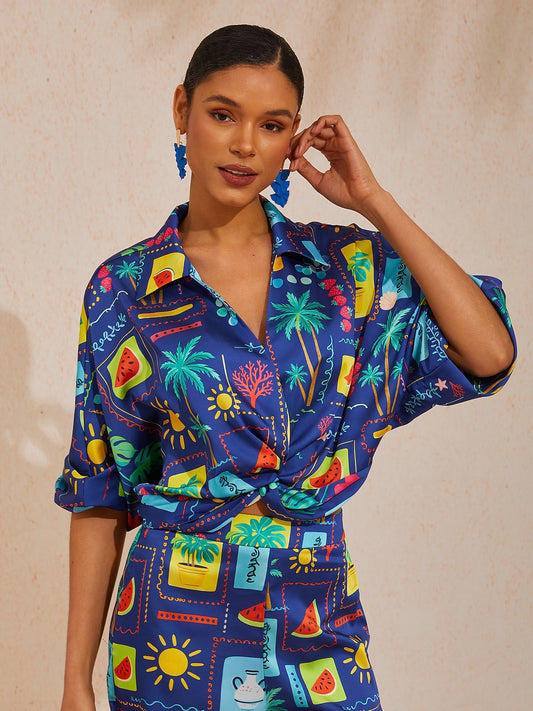 Vacation Geometric Tropical Print Dolman Sleeve Satin Short Shirt