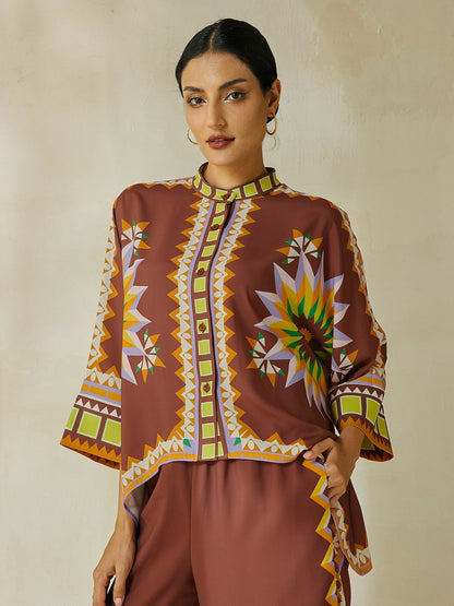 Shirt Brown Bohemian Geometric Graphic Satin Silk