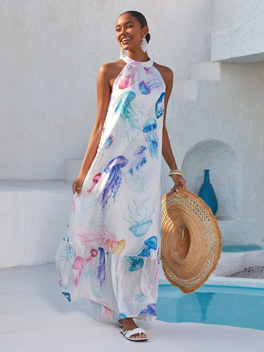 Ethereal Jellyfish Drift Flowy Chiffon A-Line Maxi Dress