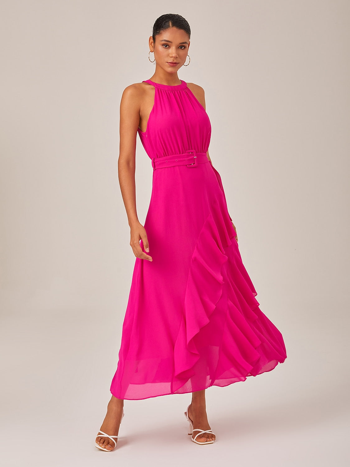 Dress Rose Red Solid Color Ruffle Mismatched