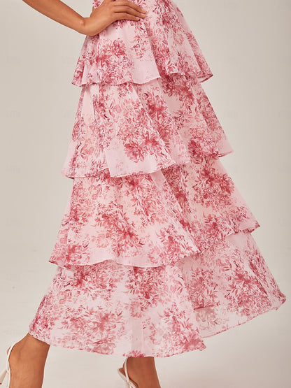 Floral Chiffon Maxi Dress A Line Tiered Ruffle Cake