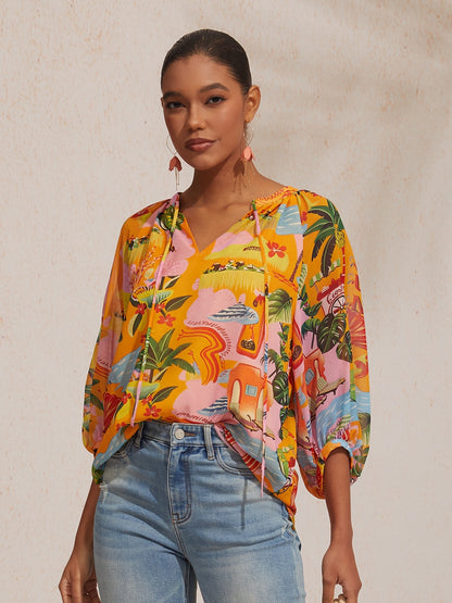 Vacation Beach Element Print Loose fit Chiffon Top