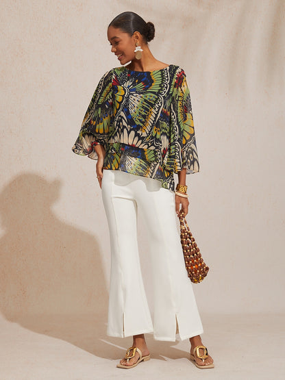 Vacation Butterfly Color Block Print Loose Chiffon Top