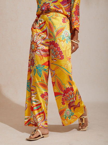 Vacation Yellow Paisley Floral Straight Satin Pants