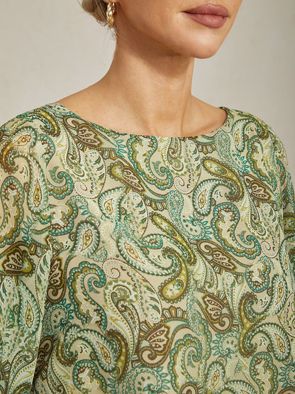 Blouse Green Paisley Floral Loose Fit Round Boat