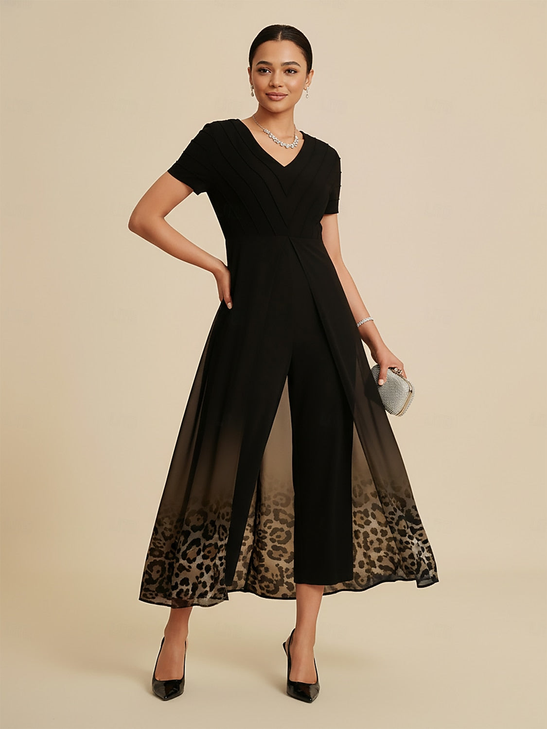 Paneled Design Faux Flowy Sheer Stretch Fabric Jumpsuit