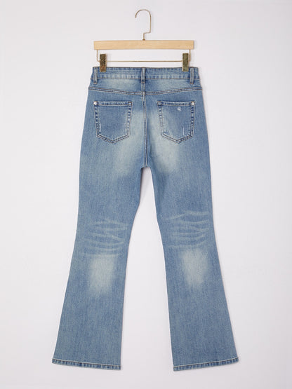 Cotton Stretch Flared Jeans High Waist Frayed Hem Denim Pants
