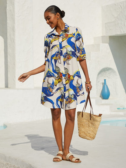 Vacation Scenic Floral Print Straight Satin Shirt Dress