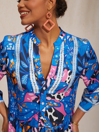 Vacation Abstract Color Dot Floral Loose fit Satin Maxi Dress