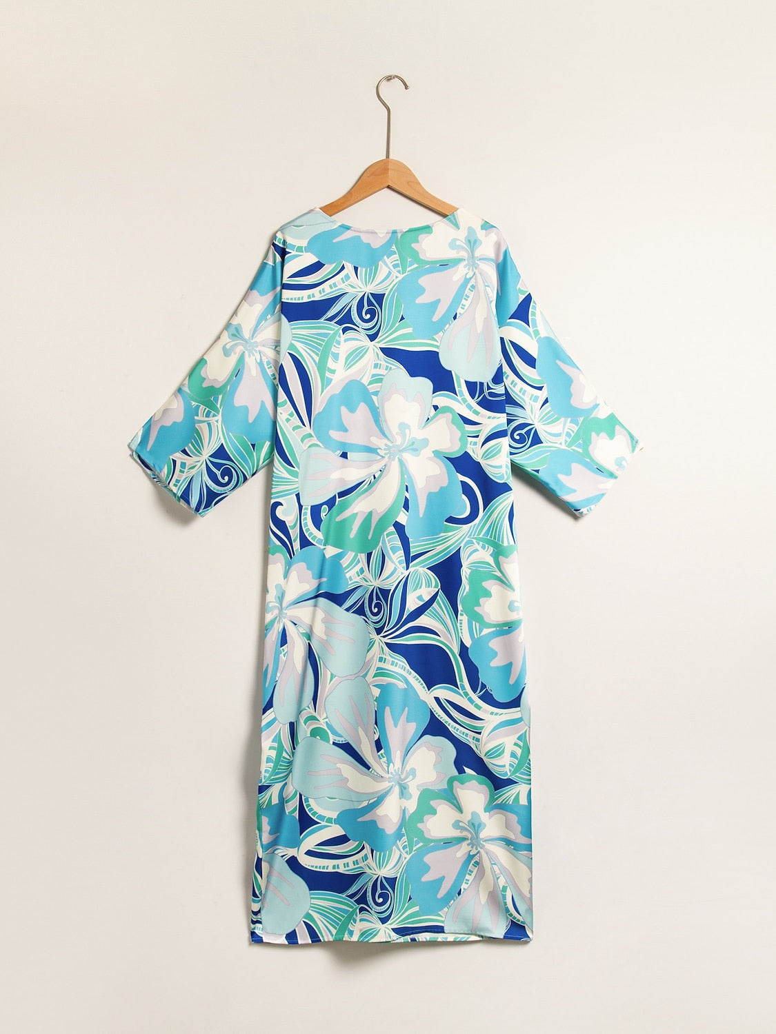 Satin Floral Print V-Neck Beach Vacation Midi Dress