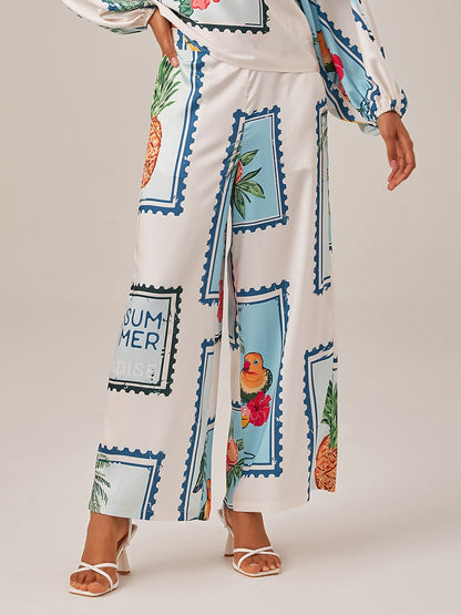 Satin Casual Seamless Pattern Print Elastic Waist Wide Leg Pants