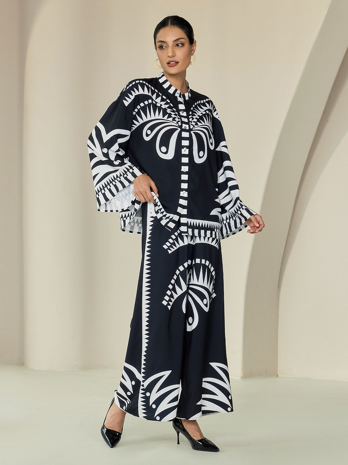 Blouse Black Satin Geometric Print Flare Cuff