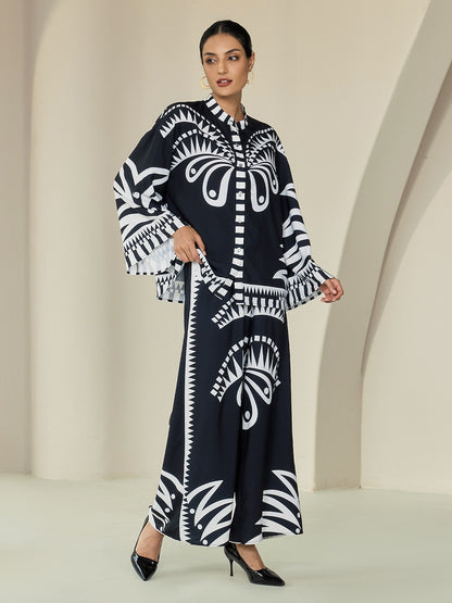 Blouse Black Satin Geometric Print Flare Cuff