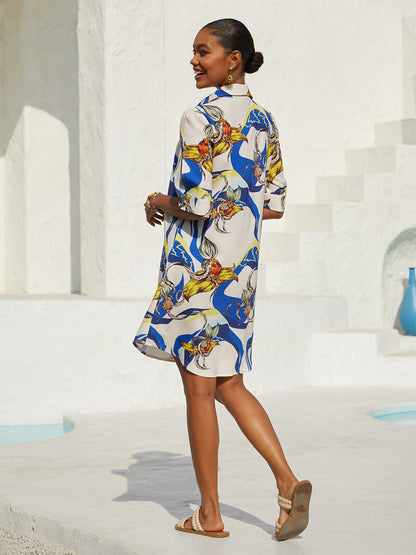 Vacation Scenic Floral Print Straight Satin Shirt Dress