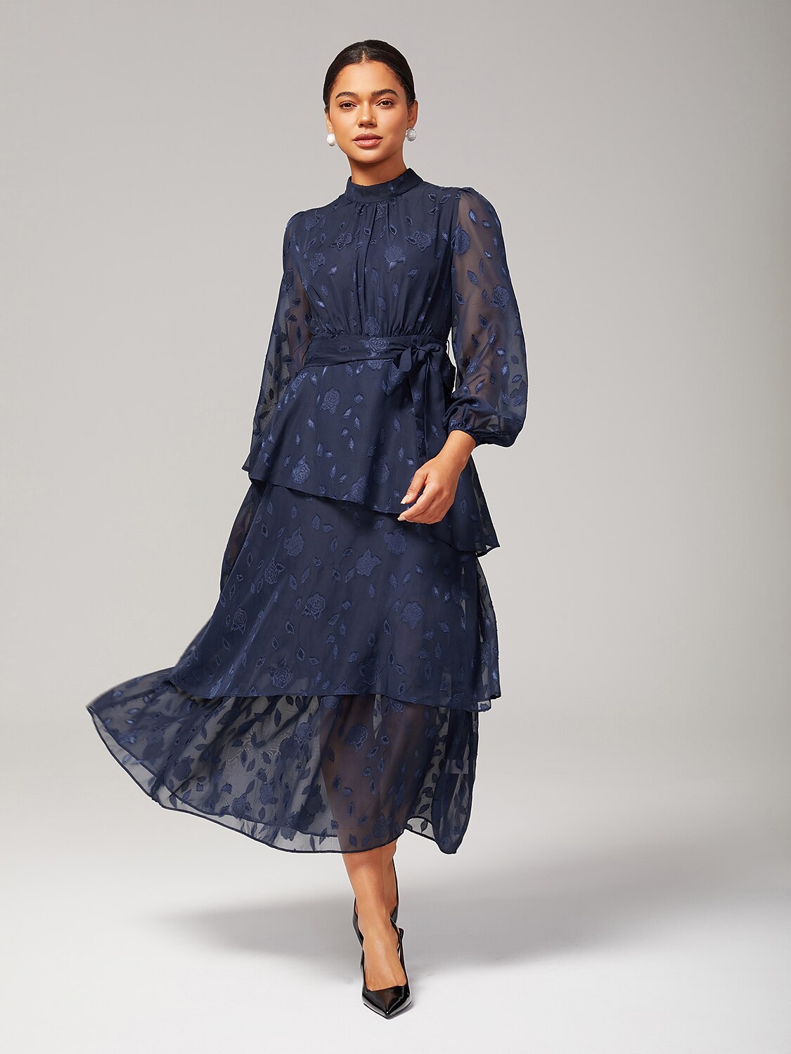 Elegant Floral Print High-Neck Maxi Chiffon Dress