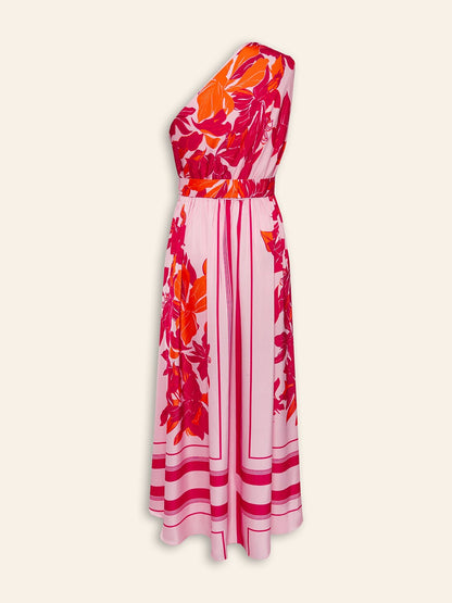 Satin Floral Print Vacation One-Shoulder Maxi Dress