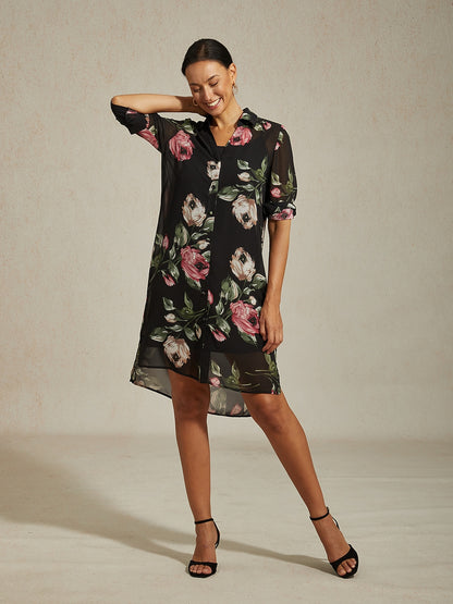 Mini Dress Shirt Collar Chiffon Black Floral Print