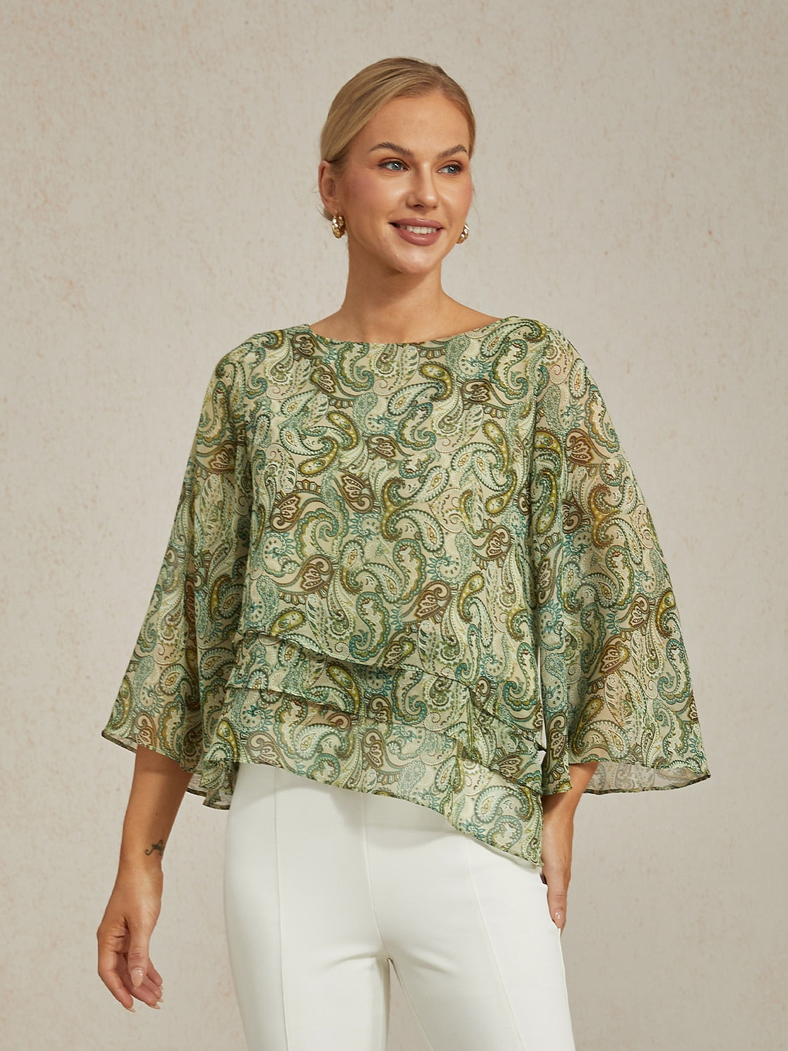 Blouse Green Paisley Floral Loose Fit Round Boat