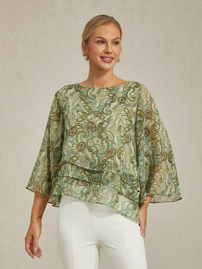 Blouse Green Paisley Floral Loose Fit Round Boat
