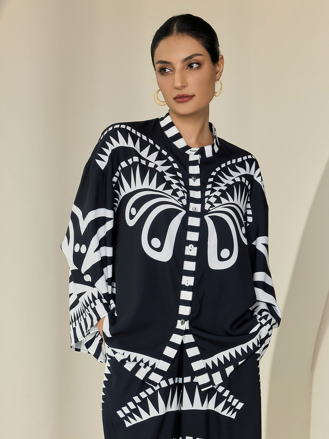 Blouse Black Satin Geometric Print Flare Cuff